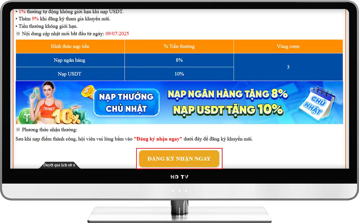 Thưởng nạp chủ nhật dành cho toàn bộ hội viên 789BET